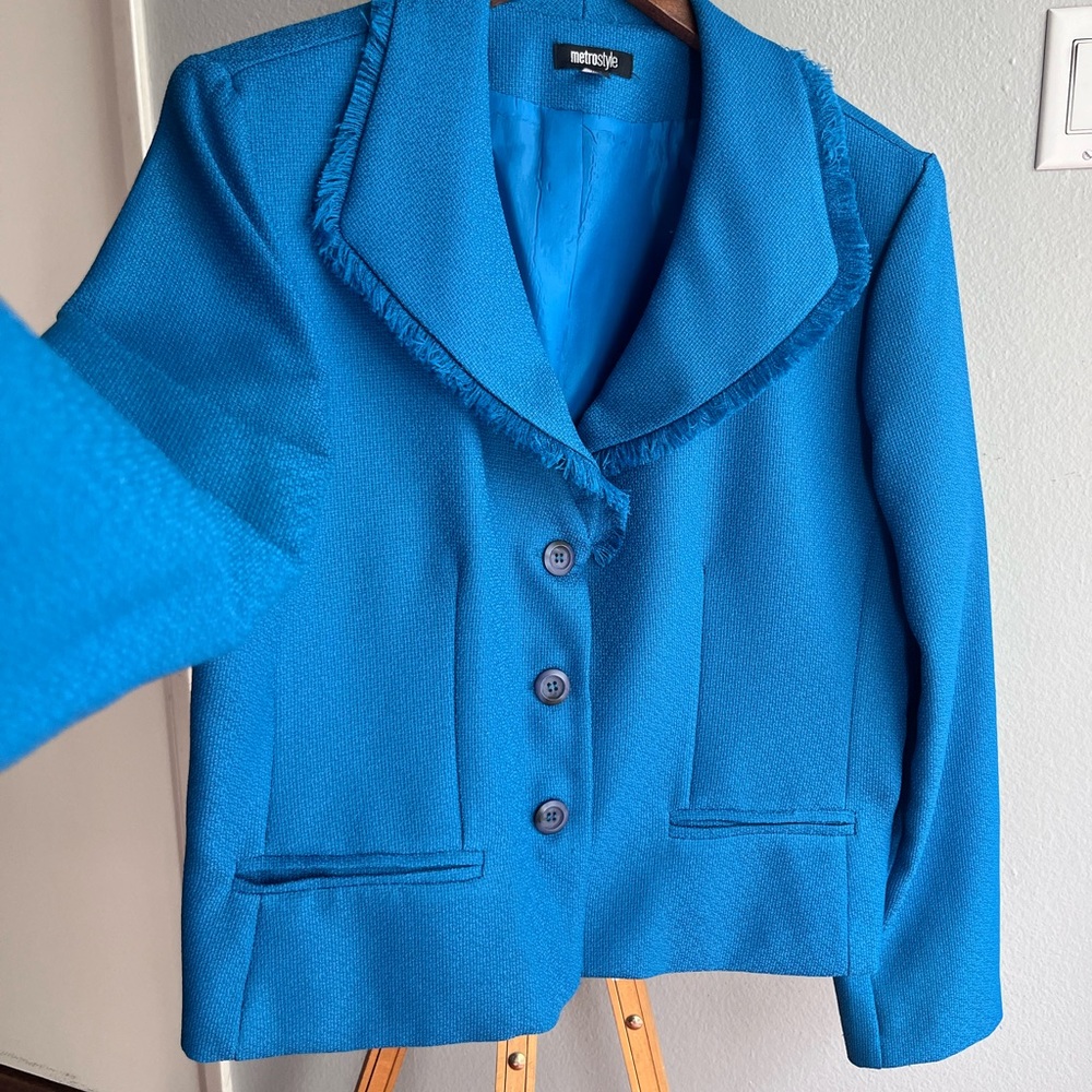 Metrostyle Vibrant Teal Blazer Jacket Size 18 Fringed Collar Made In The USA